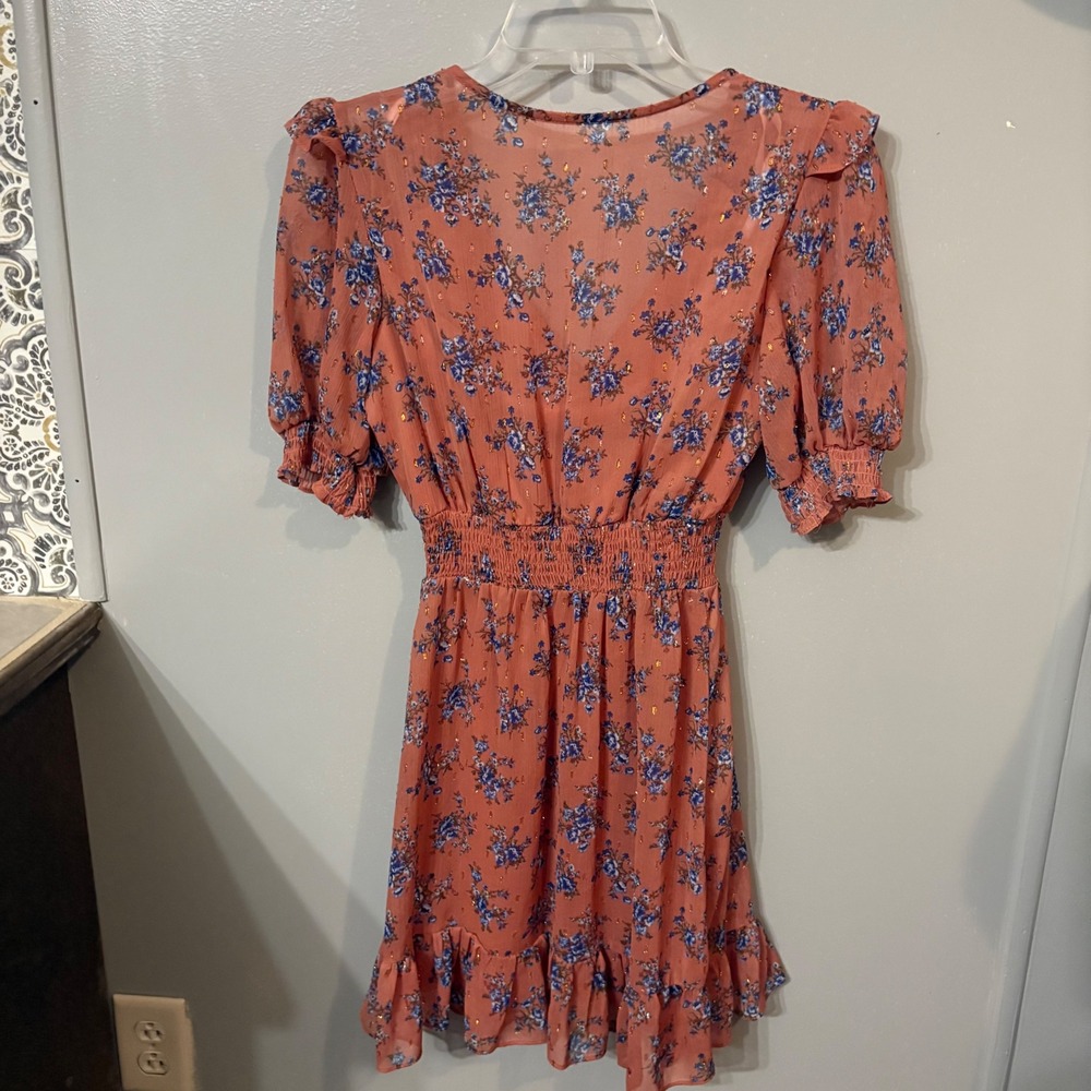 B. Smart Dusty Rose Pink Blue Floral Mini Smocked Ruffle Trim Dress  (Junior‎ 3) - Picture 7 of 7